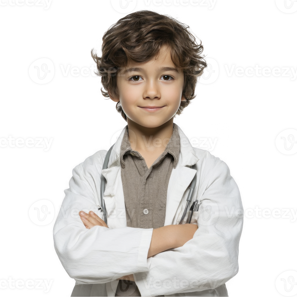 Cute little boy dressed as doctor in white coat smiling gently isolated on transparent background png
