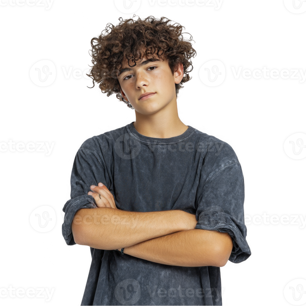 Teen boy in blue t-shirt standing with folded arms and relaxed expression isolated on transparent background png