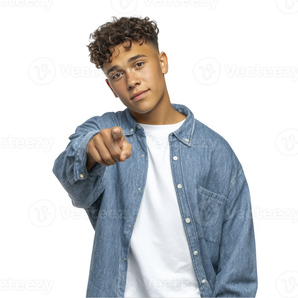 Teen boy in denim shirt pointing confidently with slight smile isolated on transparent background png