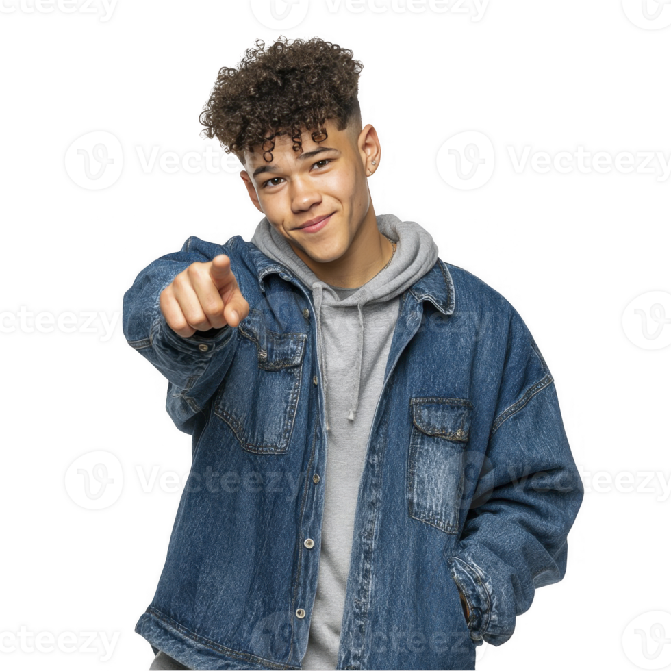 Teen boy in denim jacket pointing toward camera with confident expression isolated on transparent background png
