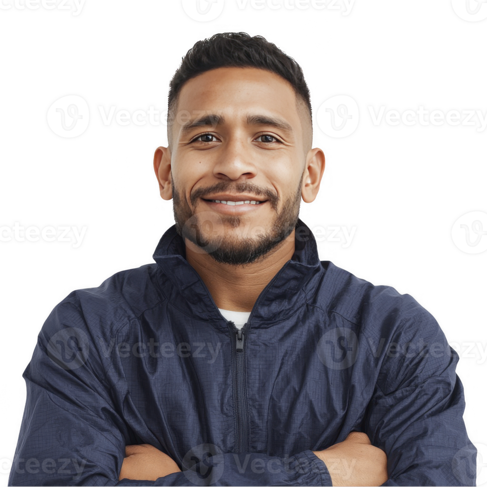 Smiling man in navy windbreaker with arms crossed isolated on transparent background png