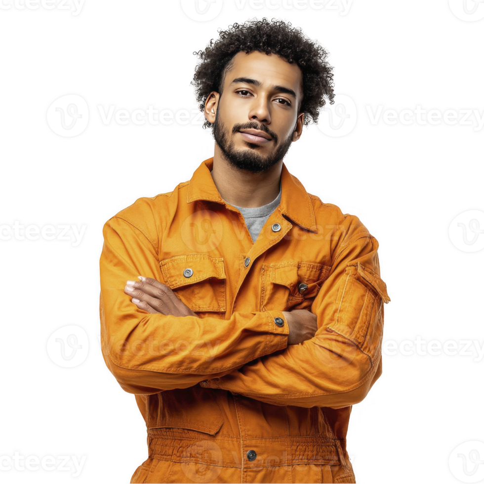 Stylish man in orange jacket posing confidently isolated on transparent background png