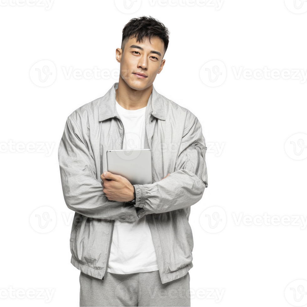 boy in grey tracksuit with relaxed smile and folded arms isolated on transparent background png
