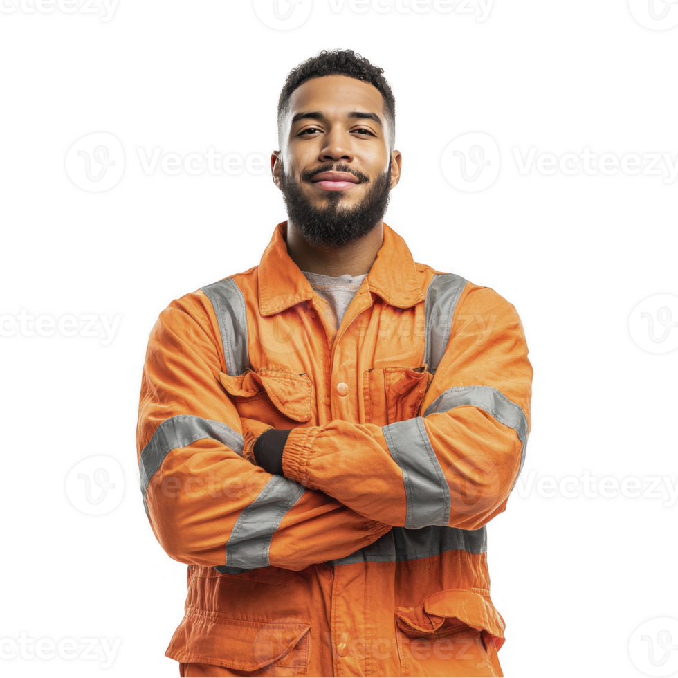 Smiling construction worker in orange safety jacket standing with crossed arms isolated on transparent background png