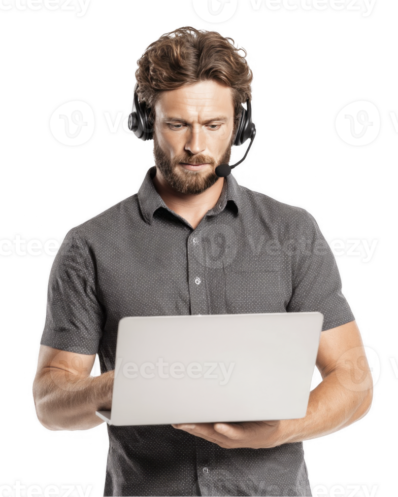 Bearded man in grey polo shirt using laptop while standing isolated on transparent background png