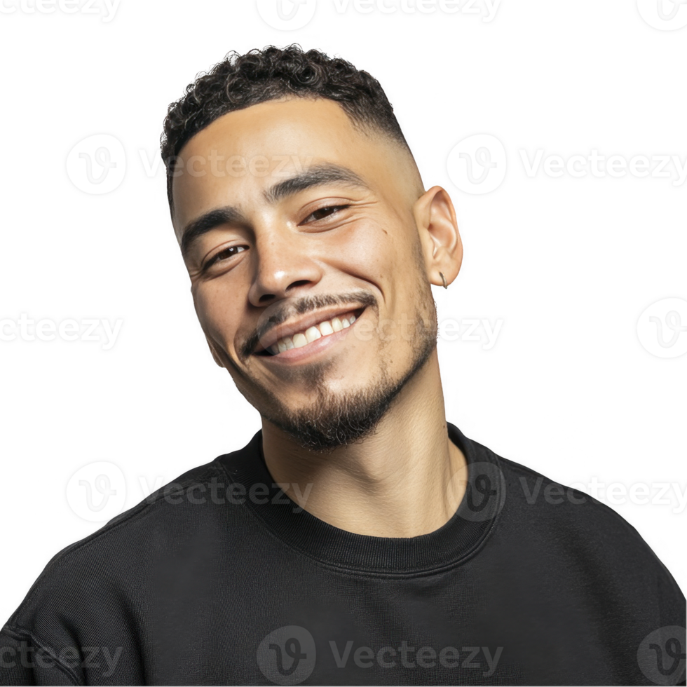 Smiling man in black t-shirt with trimmed beard isolated on transparent background png