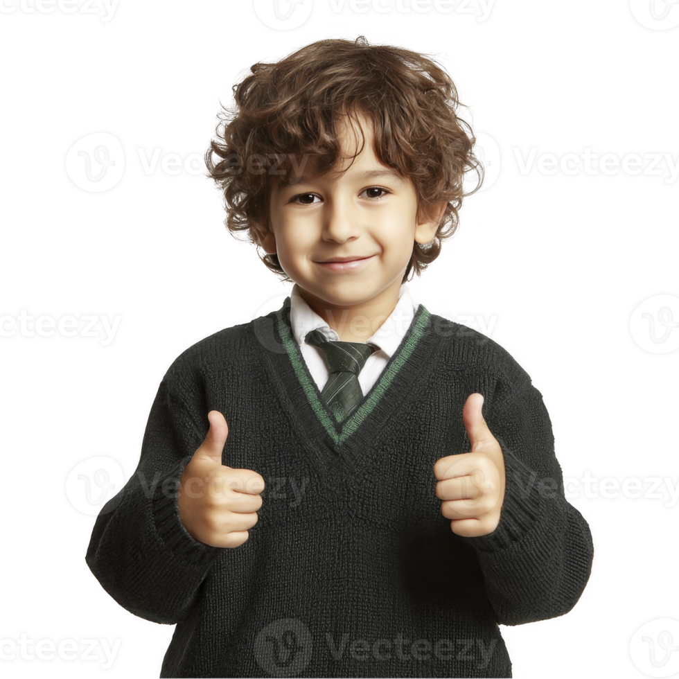 Happy kid in school sweater giving double thumbs up with big smile isolated on transparent background png