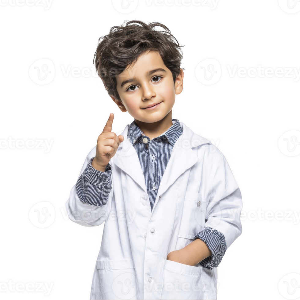 Happy little boy in formal outfit with pointing gesture and confident expression isolated on transparent background png