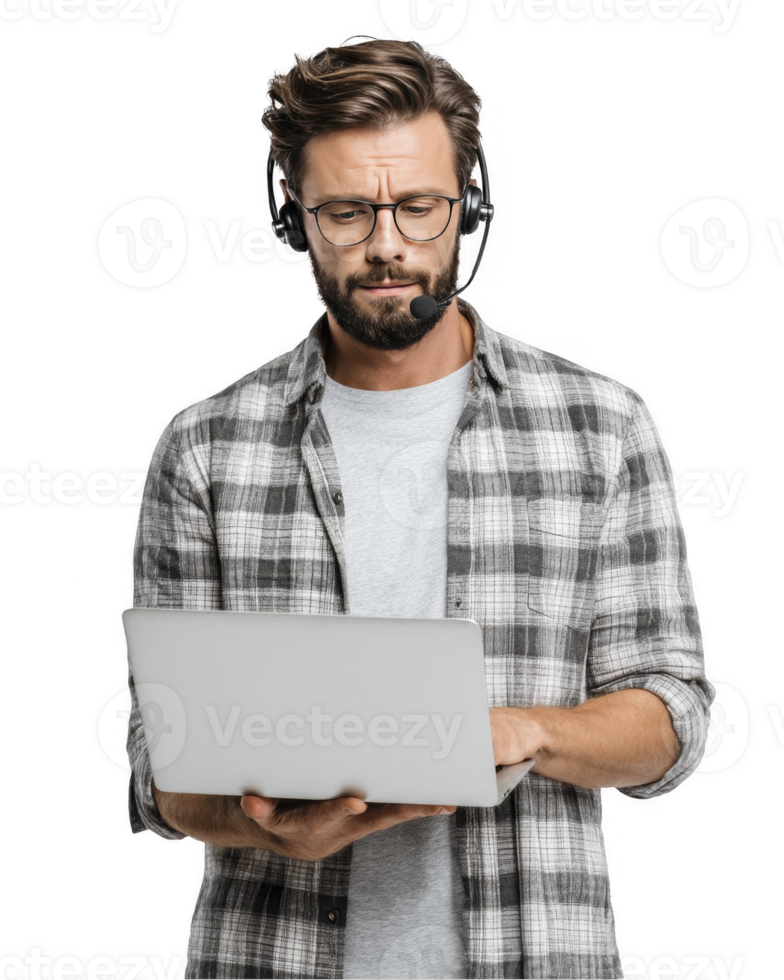 Smiling man with glasses and checkered shirt working on laptop isolated on transparent background png