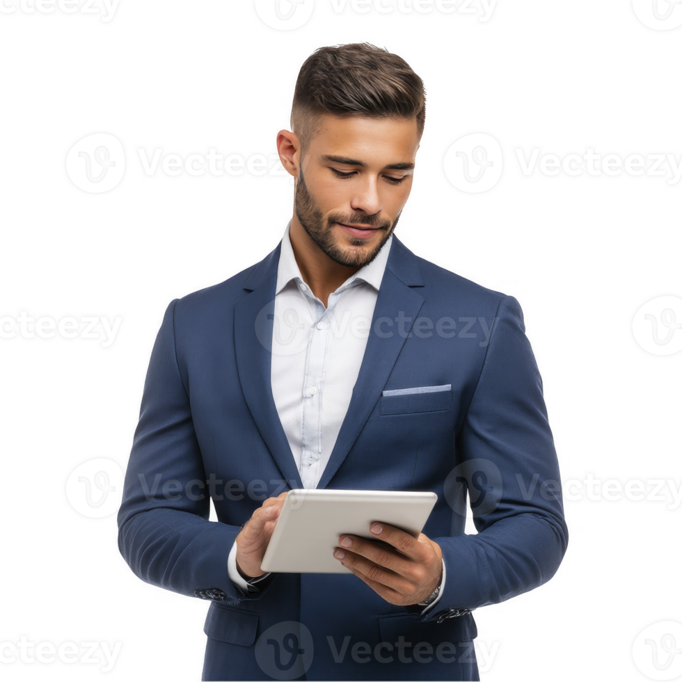 Businessman in navy blue suit holding tablet with confident smile isolated on transparent background png