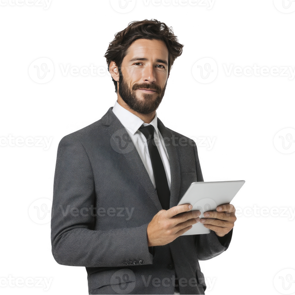 Confident businessman in grey suit holding tablet and smiling isolated on transparent background png
