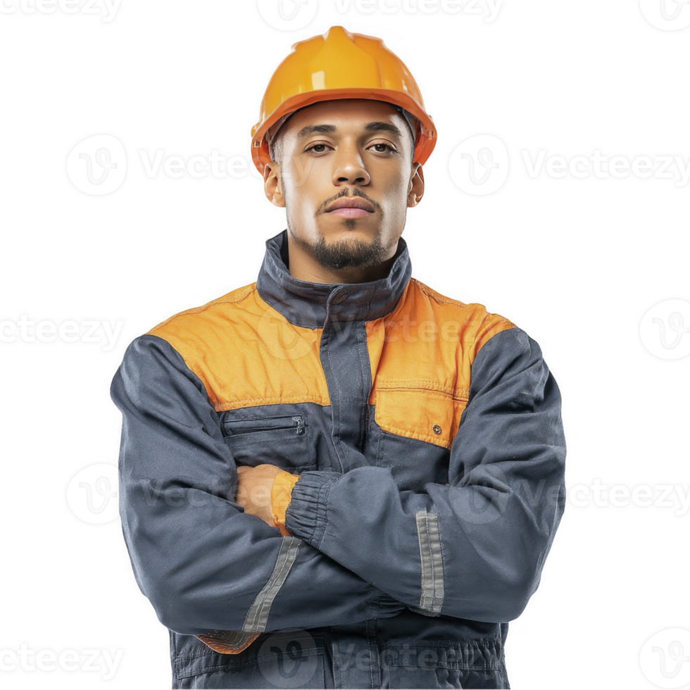Serious male construction worker in blue uniform and orange vest with folded arms isolated on transparent background png