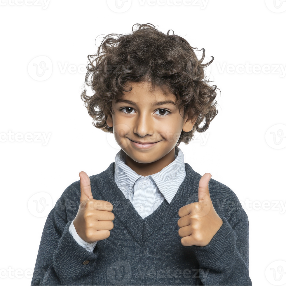 Smiling curly-haired boy in vest with double thumbs up gesture isolated on transparent background png
