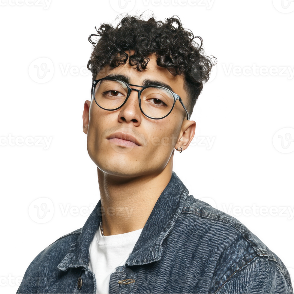 Curly-haired young man with glasses in denim jacket looking confident isolated on transparent background png