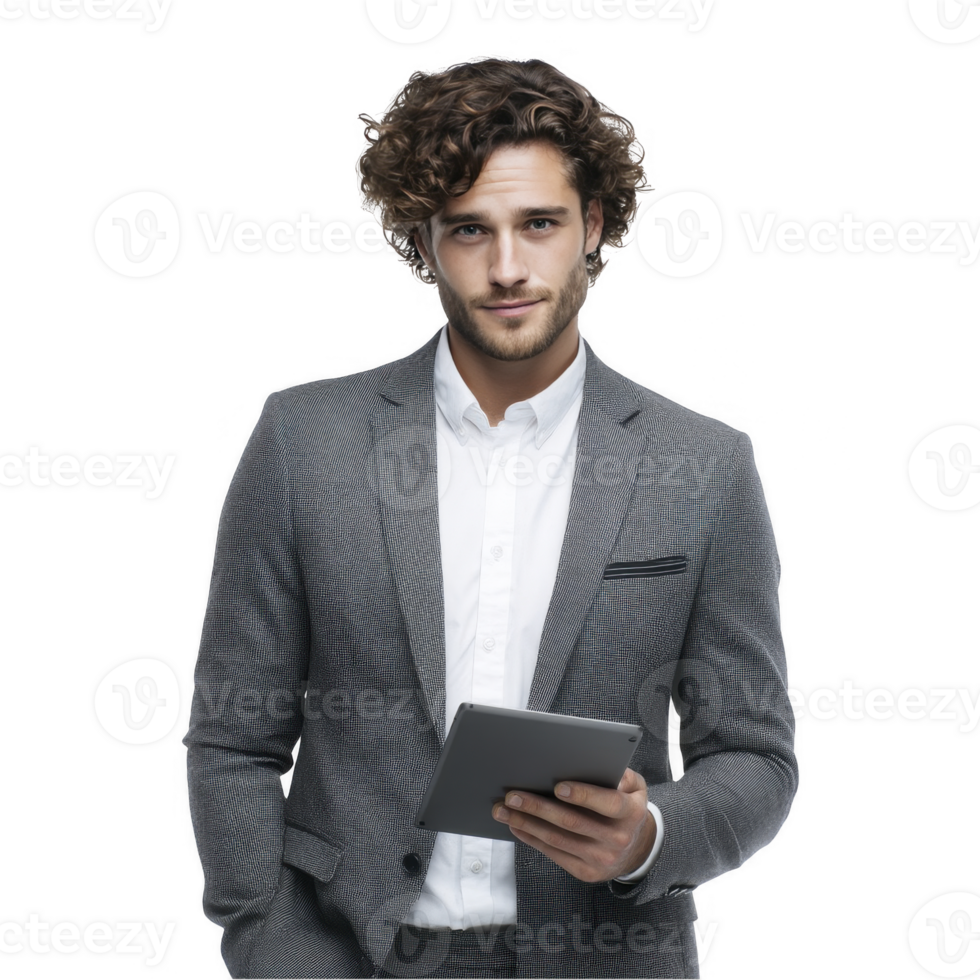 Young businessman with curly hair holding tablet wearing grey suit isolated on transparent background png