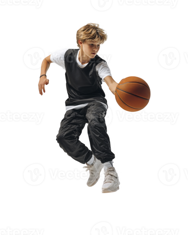 Boy in sportswear bouncing basketball in motion isolated on transparent background png