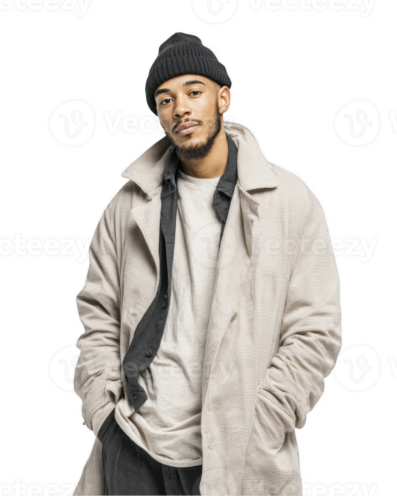 Confident boy in beige hoodie and black cap hands in pocket standing stylishly isolated on transparent background png