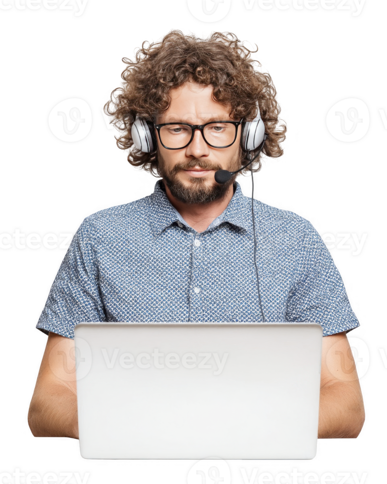 Curly haired man in blue checkered shirt working on laptop smiling isolated on transparent background png