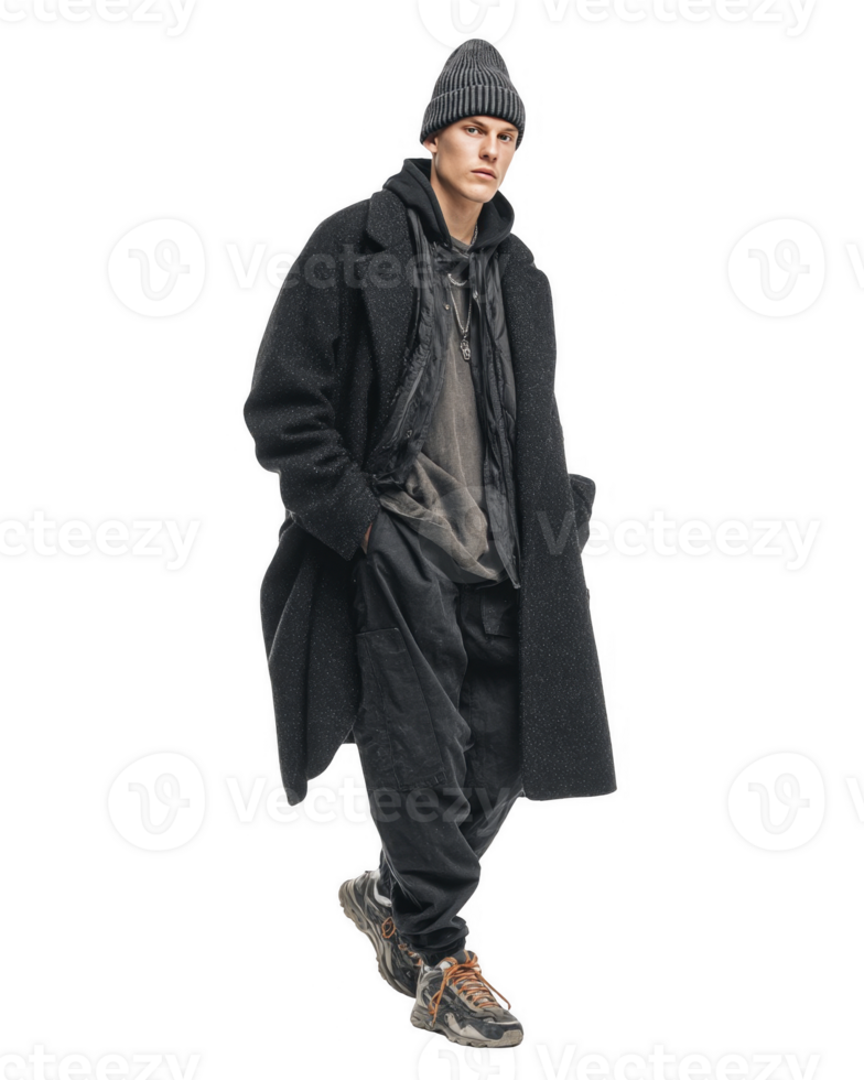 Young stylish man wearing coat and backpack walking confidently isolated on transparent background png