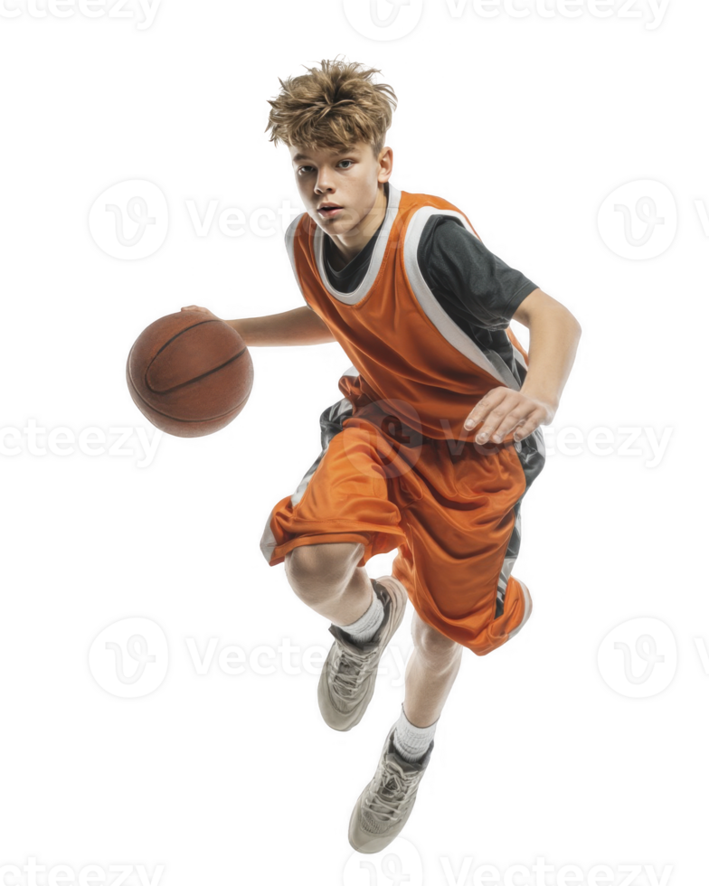 Jumping young basketball player in orange uniform performing slam dunk isolated on transparent background png