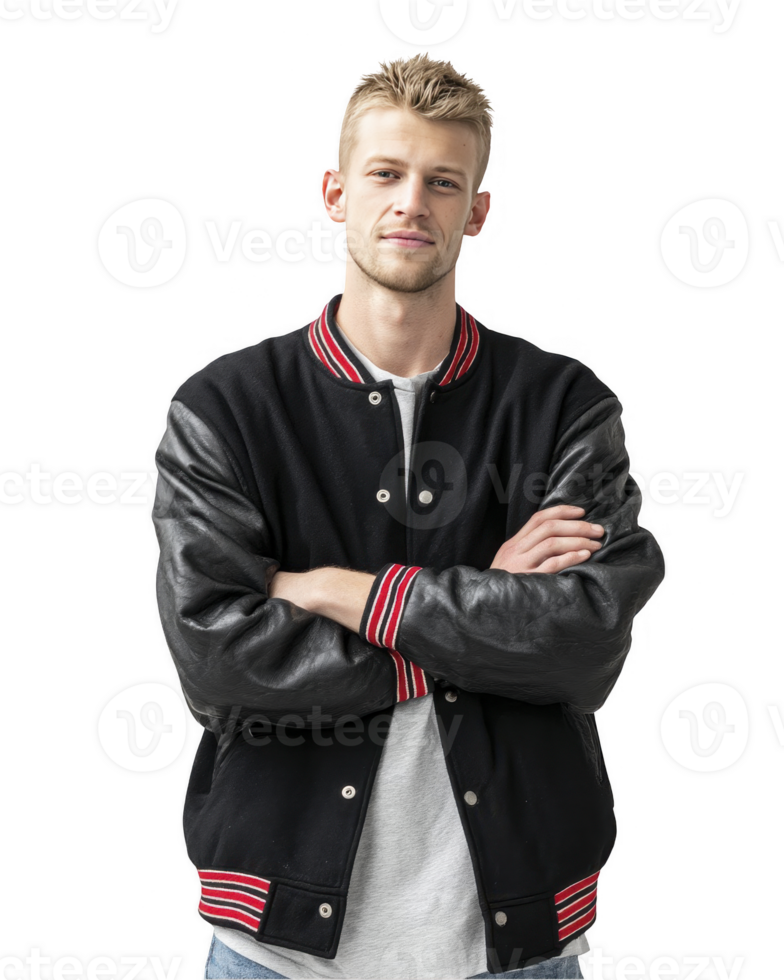Modern Boy black jacket with blonde hair folded arms expression isolated on transparent background png