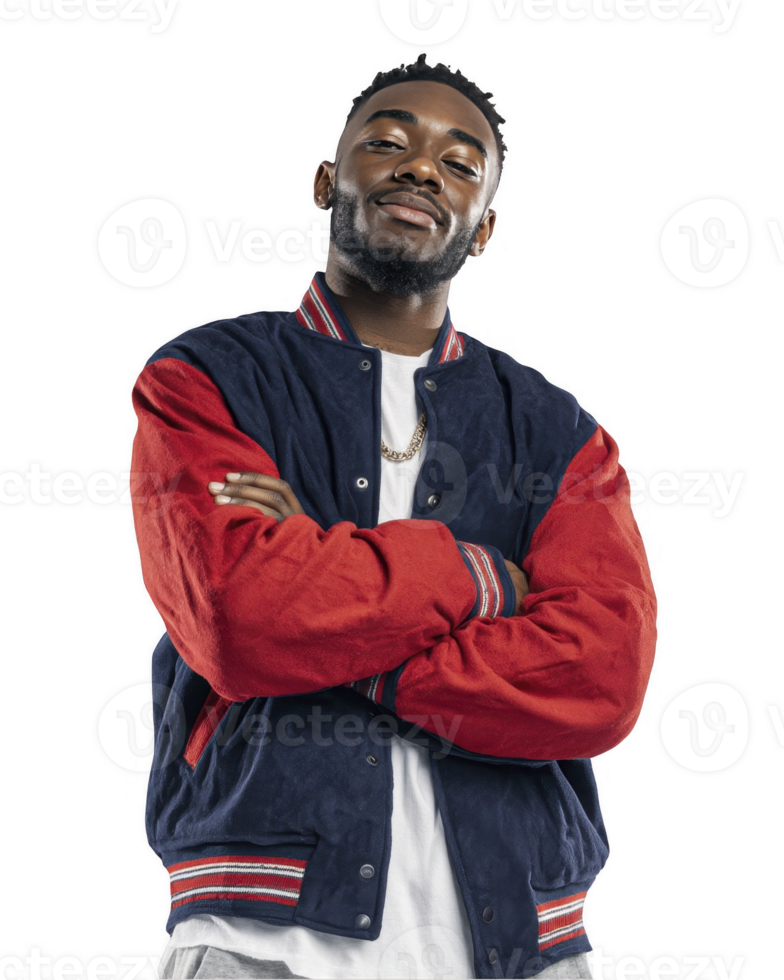 Teen boy in red and blue varsity jacket with folded arms isolated on transparent background png