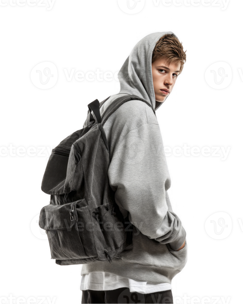 Smiling young student with grey hoodie and backpack posing from side isolated on transparent background png