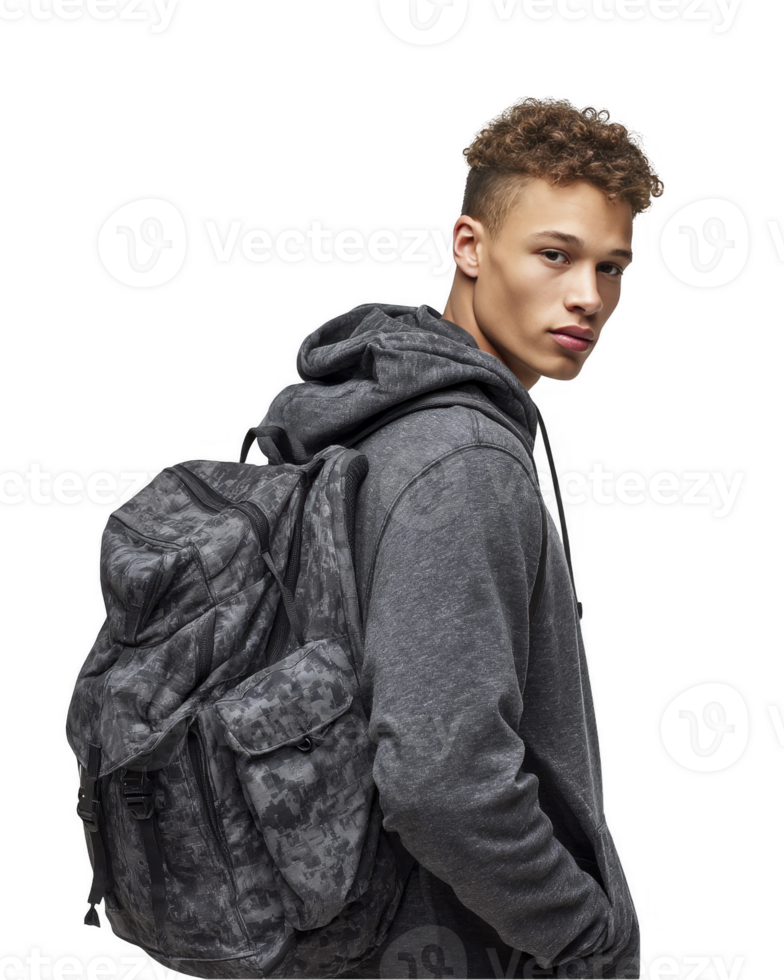 Stylish teenager with dark jacket and backpack looking over shoulder isolated on transparent background png