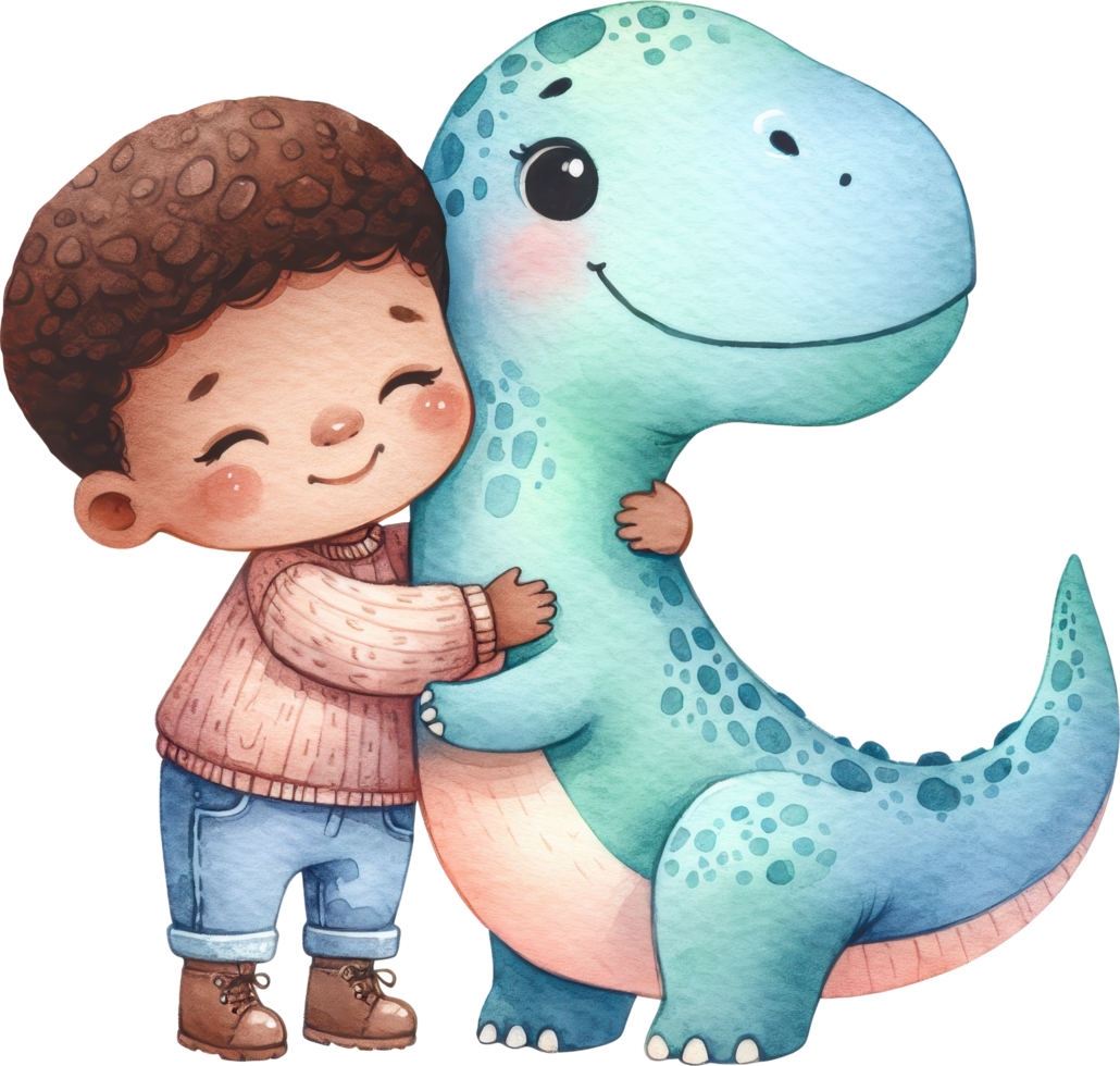 A child embracing a friendly dinosaur with joy png