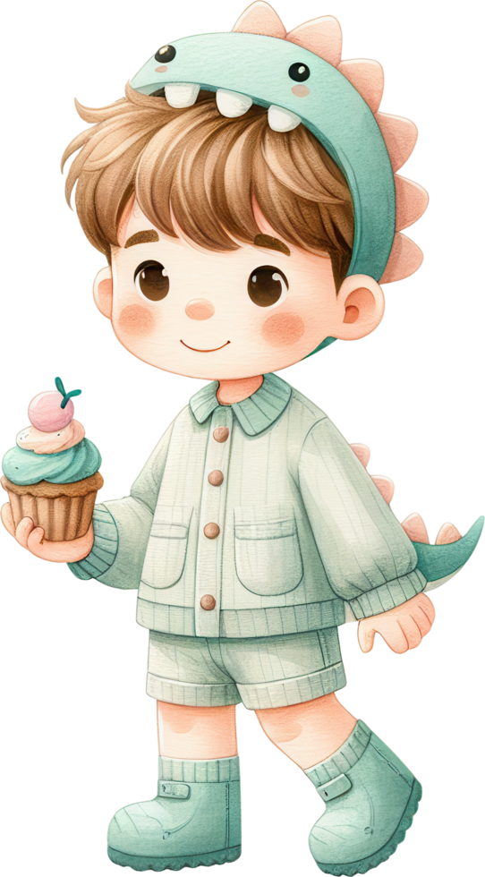 Cheerful boy in dinosaur costume celebrating his birthday with a cupcake png