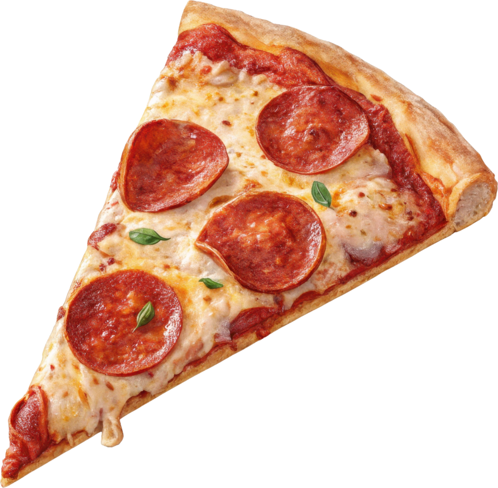 Freshly baked pepperoni pizza slice with melted cheese savory tomato sauce and zesty pepperoni toppings on a golden crust png
