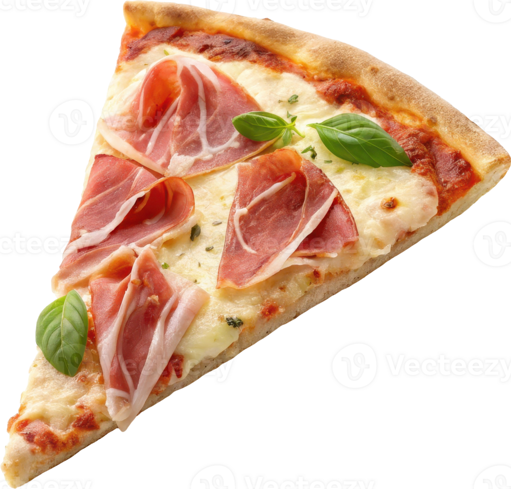 Freshly baked pizza slice topped with savory prosciutto melted cheese and fragrant basil leaves png
