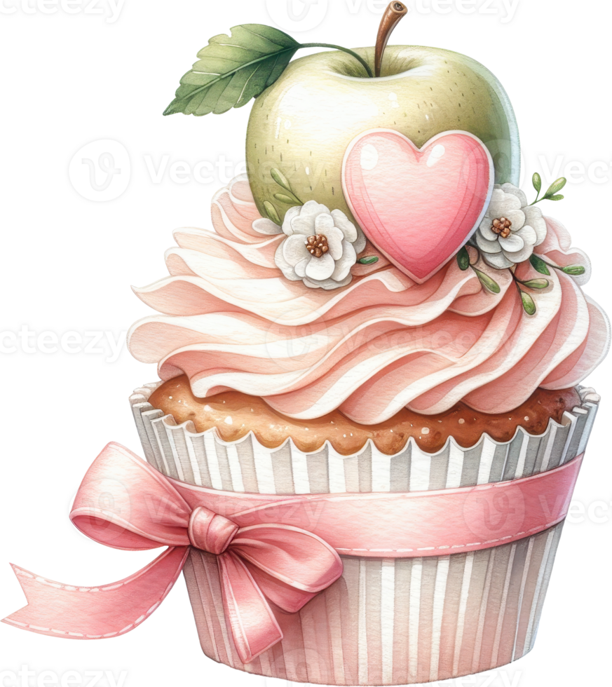 Decorative cupcake with heart shaped apple and flower png