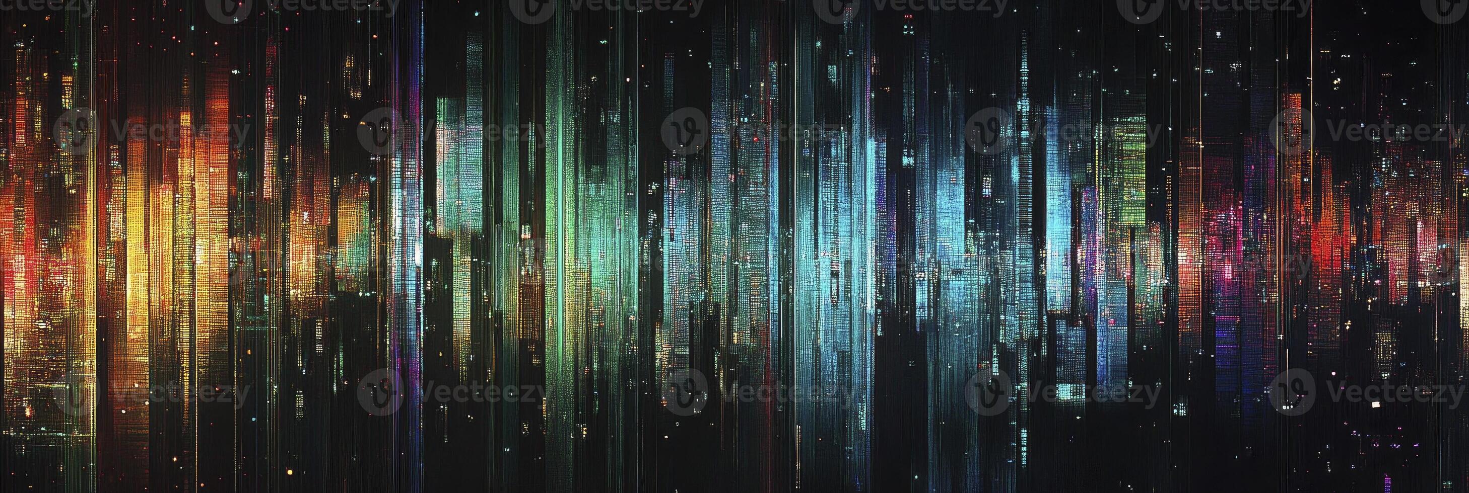 Photonegative refractograph of the city lights in blue, green, and red, with light streaks on a black background. photo