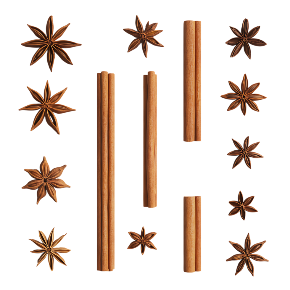 Aromatic Cinnamon Sticks and Star Anise PNG Against Transparent Background for Spices, Culinary Design, or Herbal Medicine Promotions