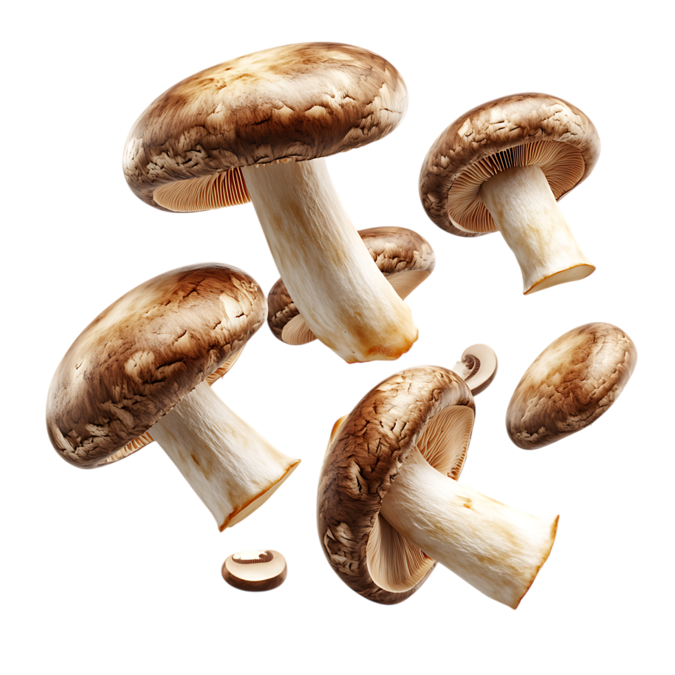 Brown Mushrooms Falling PNG Against Transparent Background for Organic Food, Culinary Design, or Natural Ingredient Promotions