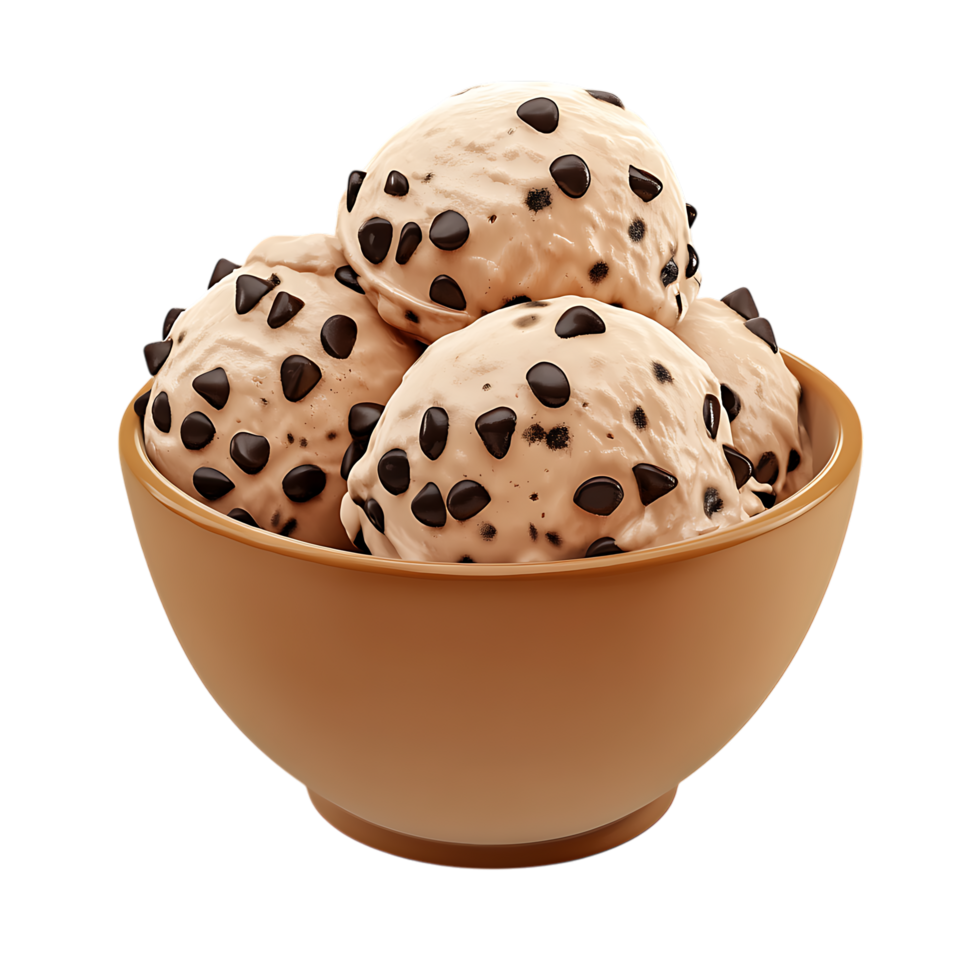 Creamy Chocolate Chip Ice Cream Bowl PNG Against Transparent Background for Dessert Branding, Sweet Treat Promotion, or Food Art