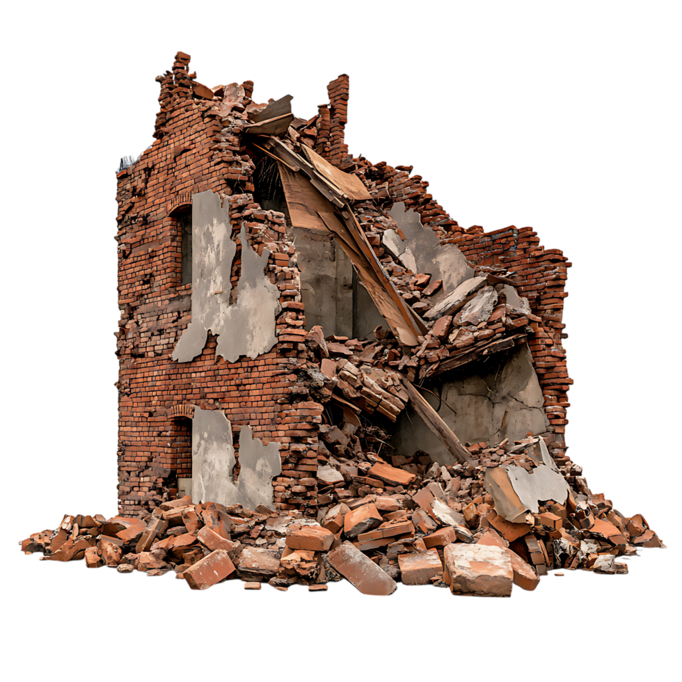 Destroyed Brick House Building PNG Against Transparent Background for Demolition, Ruins, or Construction Industry Graphics
