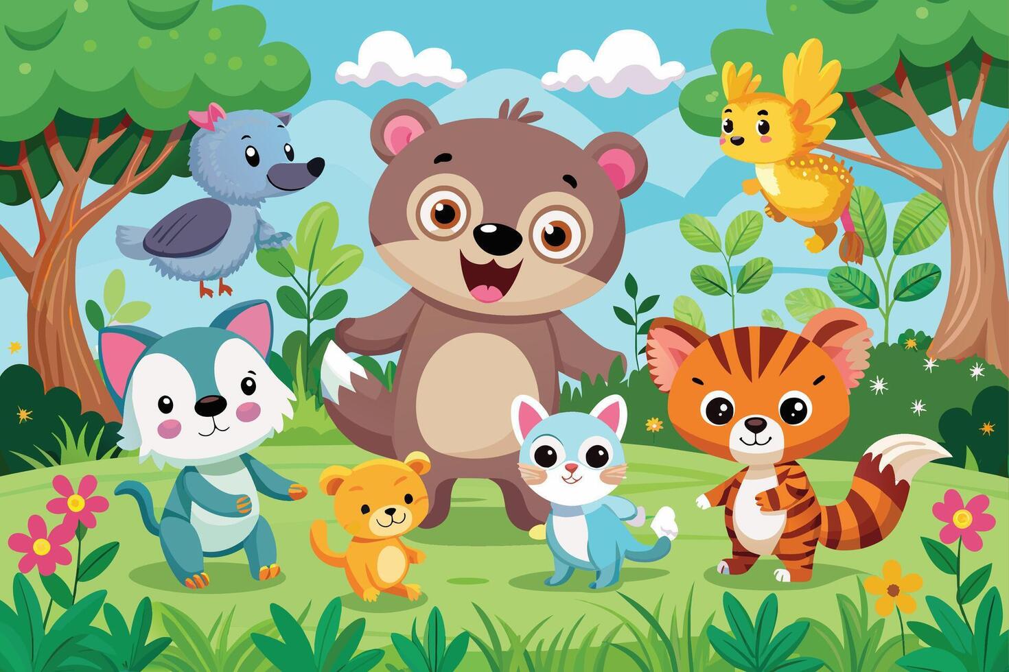 Adorable animals playing in ameadow vector