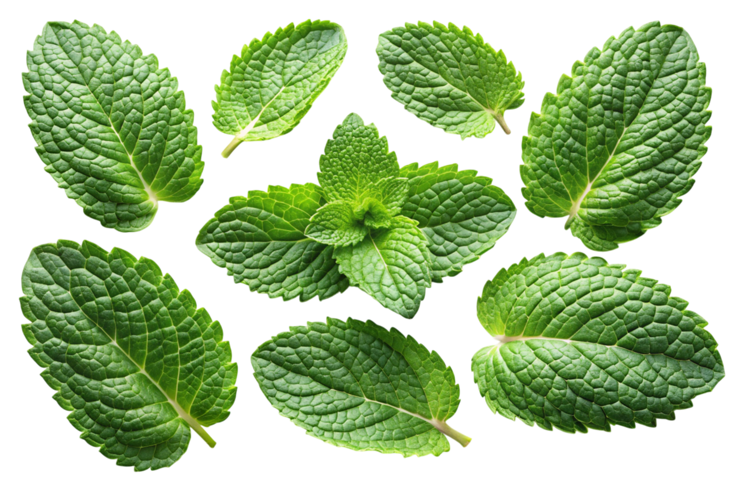 Fresh green mint leaves arranged beautifully on a Transparent Background, showcasing vibrant color and natural texture png