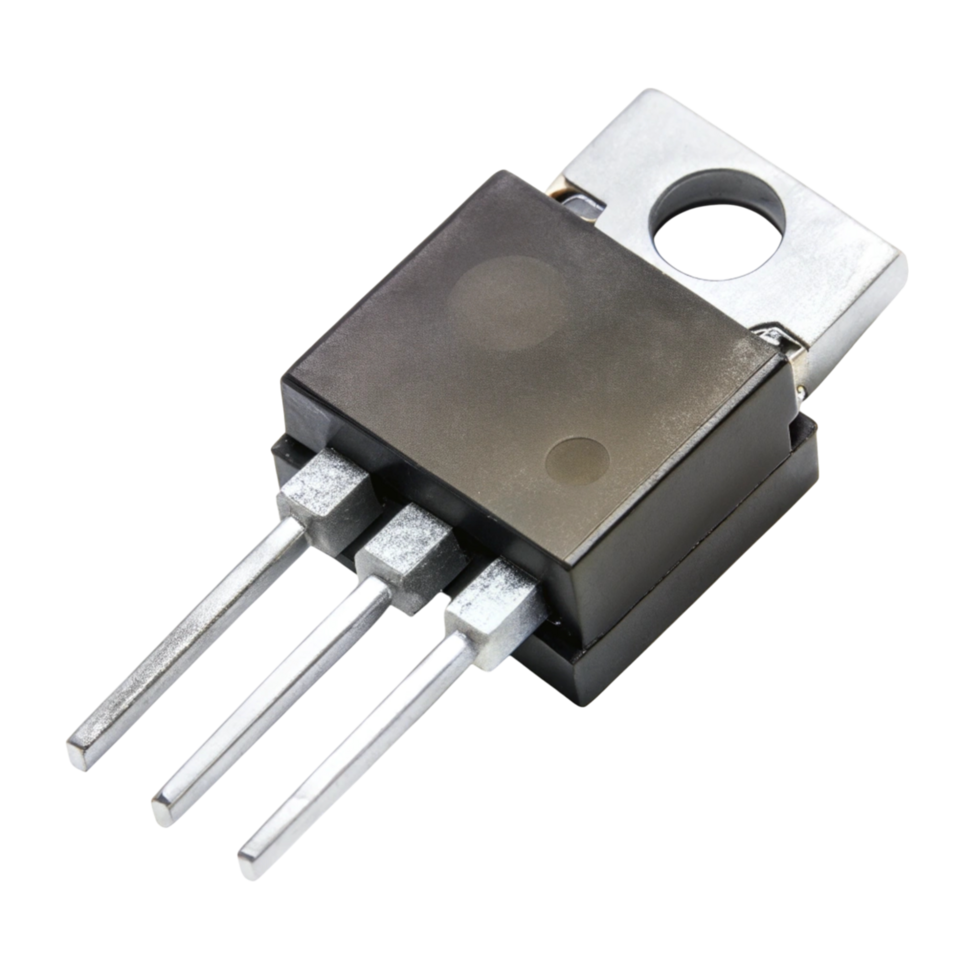 Detailed view of a modern MOSFET transistor showcasing semiconductor technology and construction on white png
