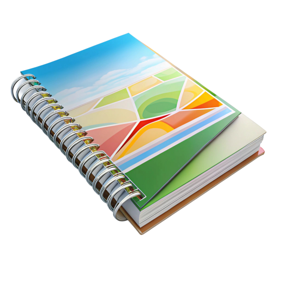 Spiral bound guidebook with vibrant illustrations showcasing travel and exploration themes png