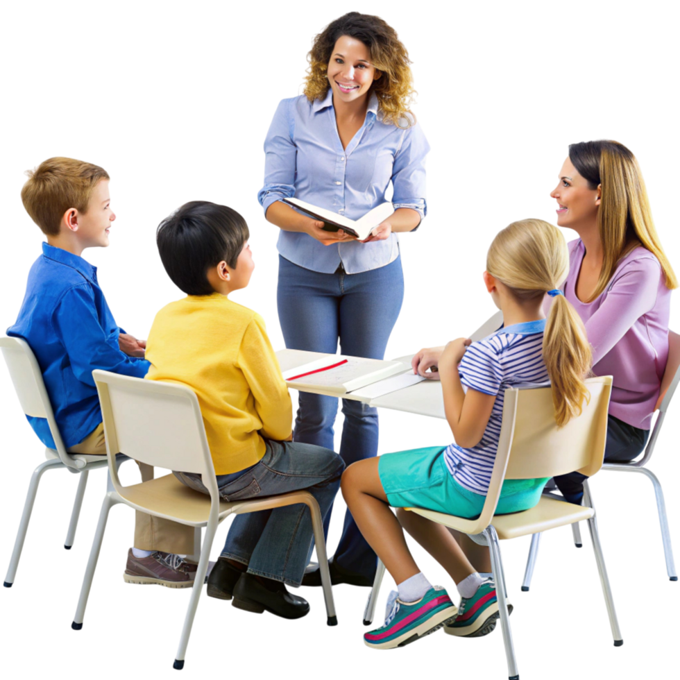 Parent teacher conference with engaged discussion and attentive children in a collaborative learning environment png