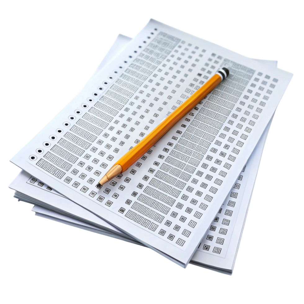 Answer sheets with pencils arranged for academic testing, perfect for education and learning materials themes png