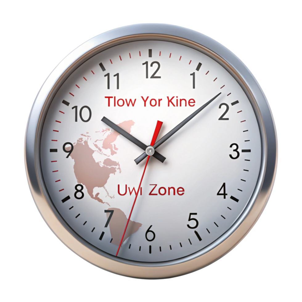 Wall clock design featuring custom time labels and precise hands, ideal for timekeeping and global zone tracking png