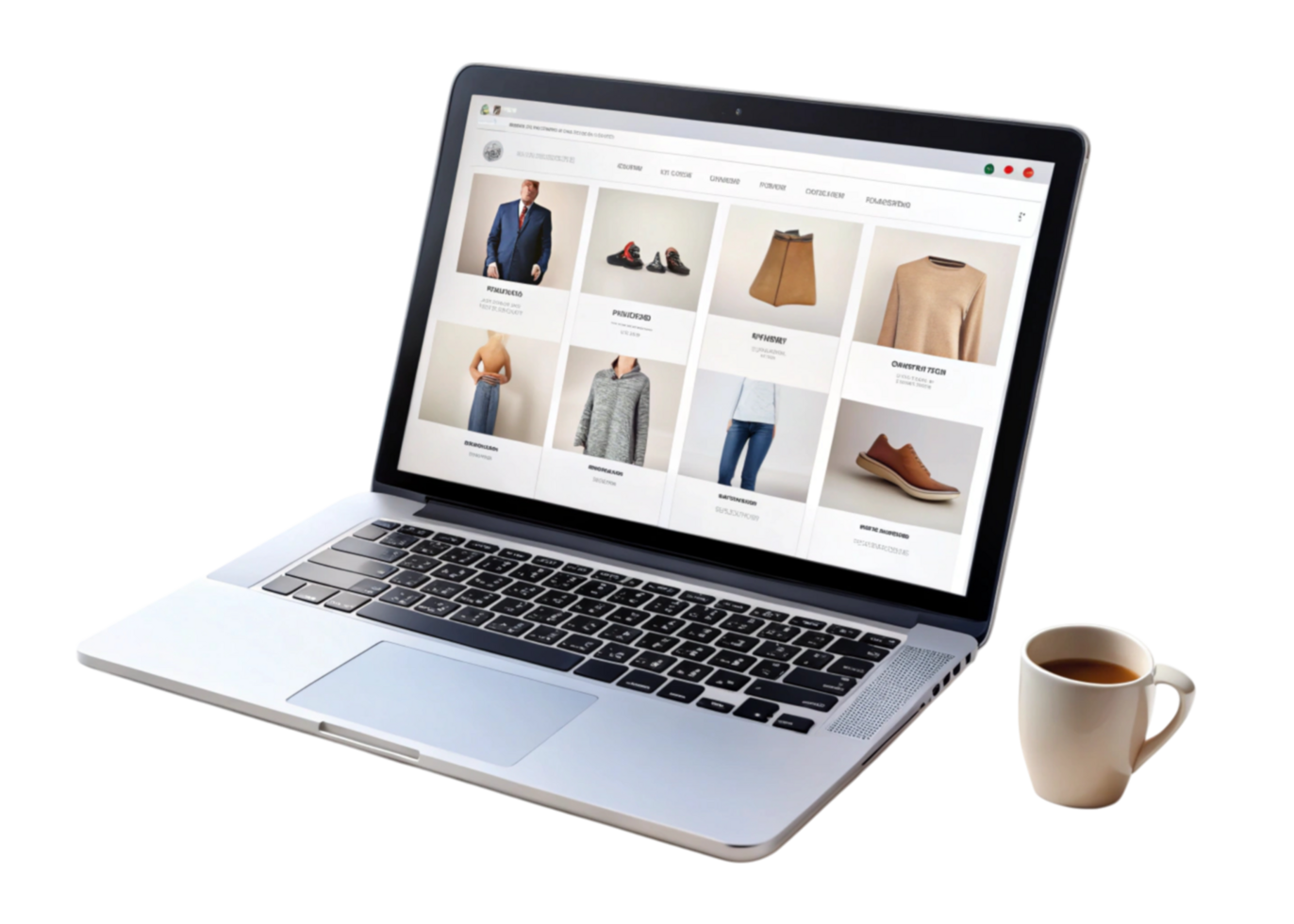 Laptop with online e commerce website showcasing a variety of clothing and accessories for shopping inspiration png