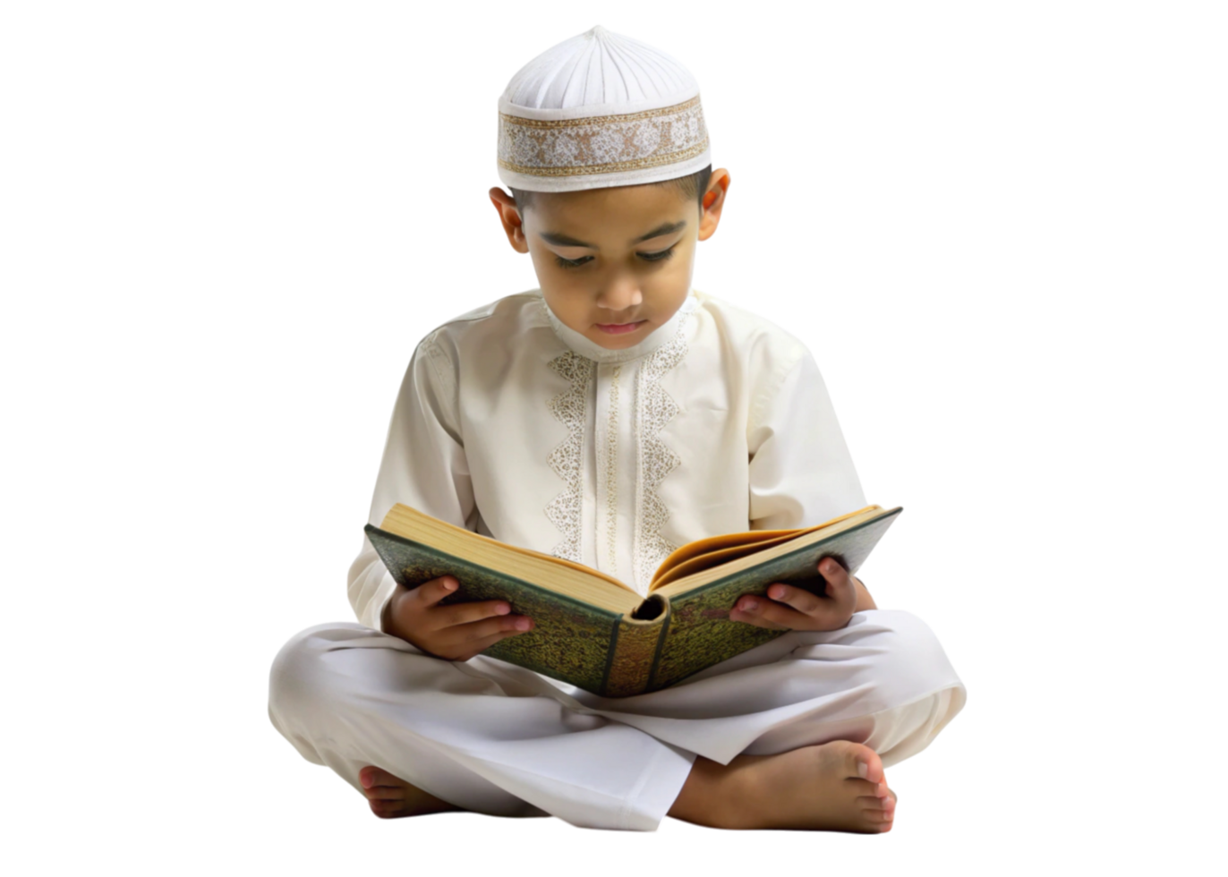 Portrait of a Muslim boy engaged in Quranic reading on a simple Transparent Background png