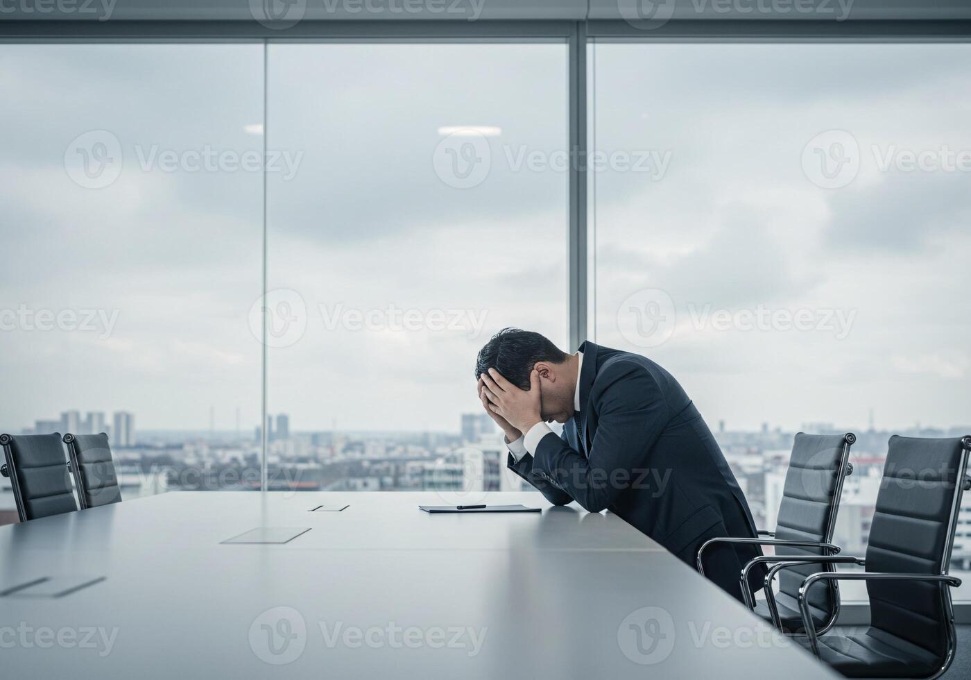 Man with headache holding his head in the office for Jobless man concept 3 photo