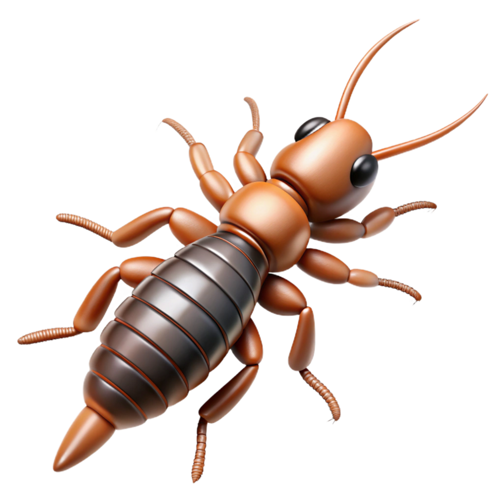 alluring traditional Earwig, cerci pincers at the abdomen tip, detailebody, top-down view, soft lighting, minimalist, with transparent background,high-resolution product photography original png