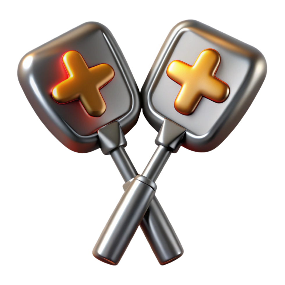 elegant distinctive Defibrillator paddles, metallic, with insulatehandles, render, dramatic lighting, top-down view, isolateon transparent background,high-resolution product photography png